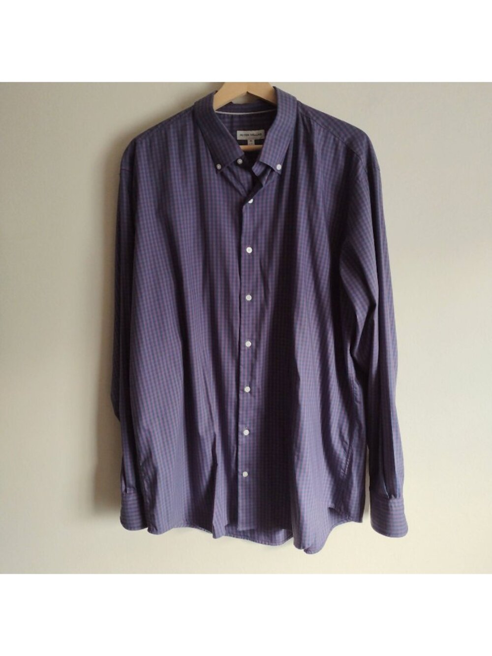 Peter Millar Performance Dress Shirt XL Navy Purple Check Cotton Blend Buttonup